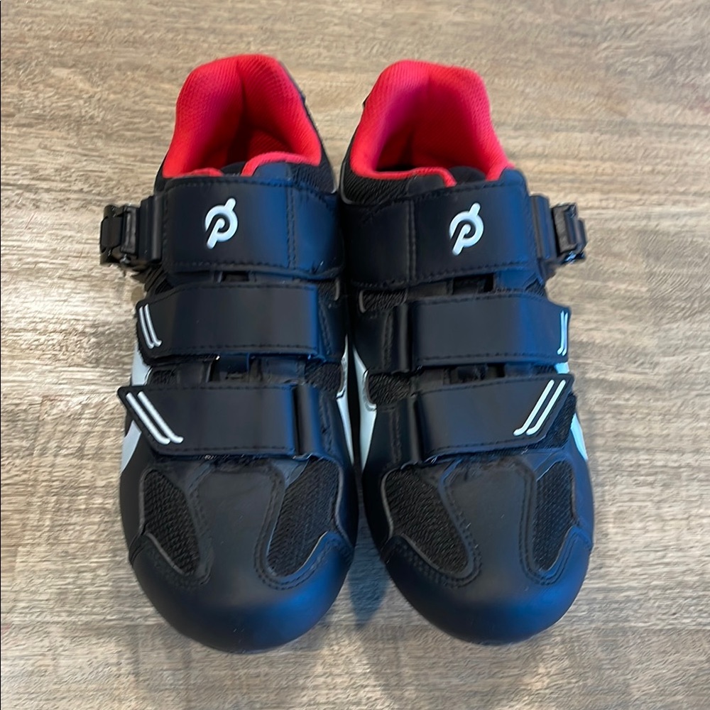 Peloton Black and Red Athletic Shoes with Velcro Closure and Stiff Sole